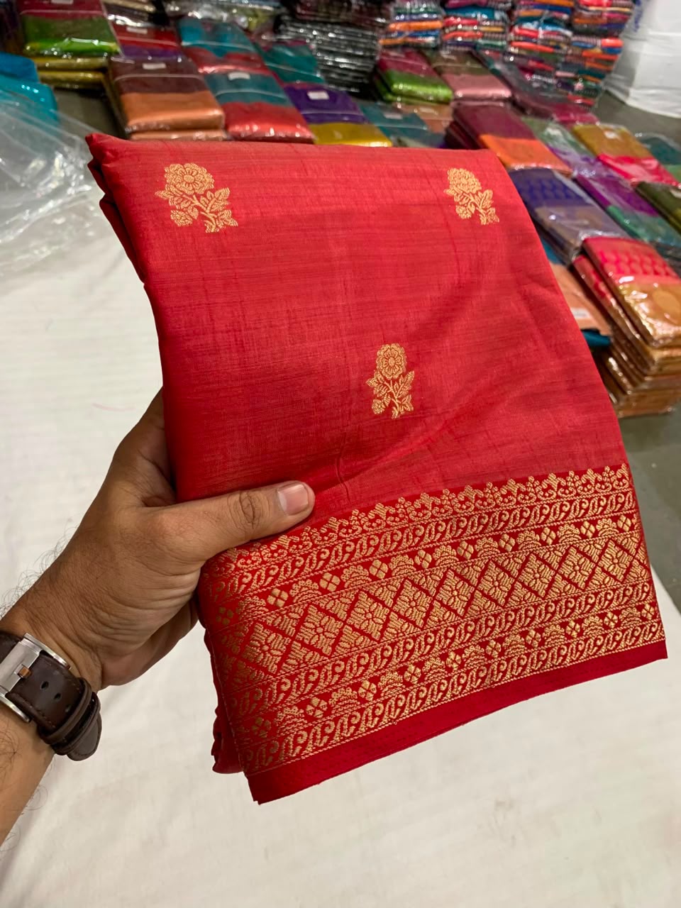 Red Premium butter feel tussar raw silk saree  with thread embroidery work in full saree