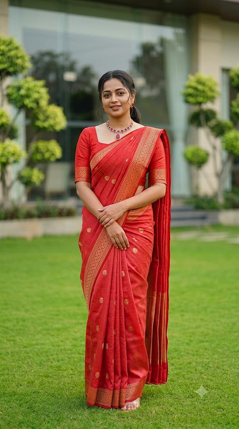 Red Premium butter feel tussar raw silk saree  with thread embroidery work in full saree