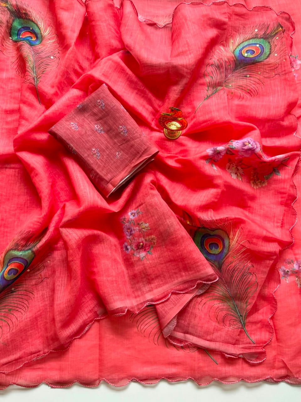 Peacock Feather Floral Handwork Tissue Saree