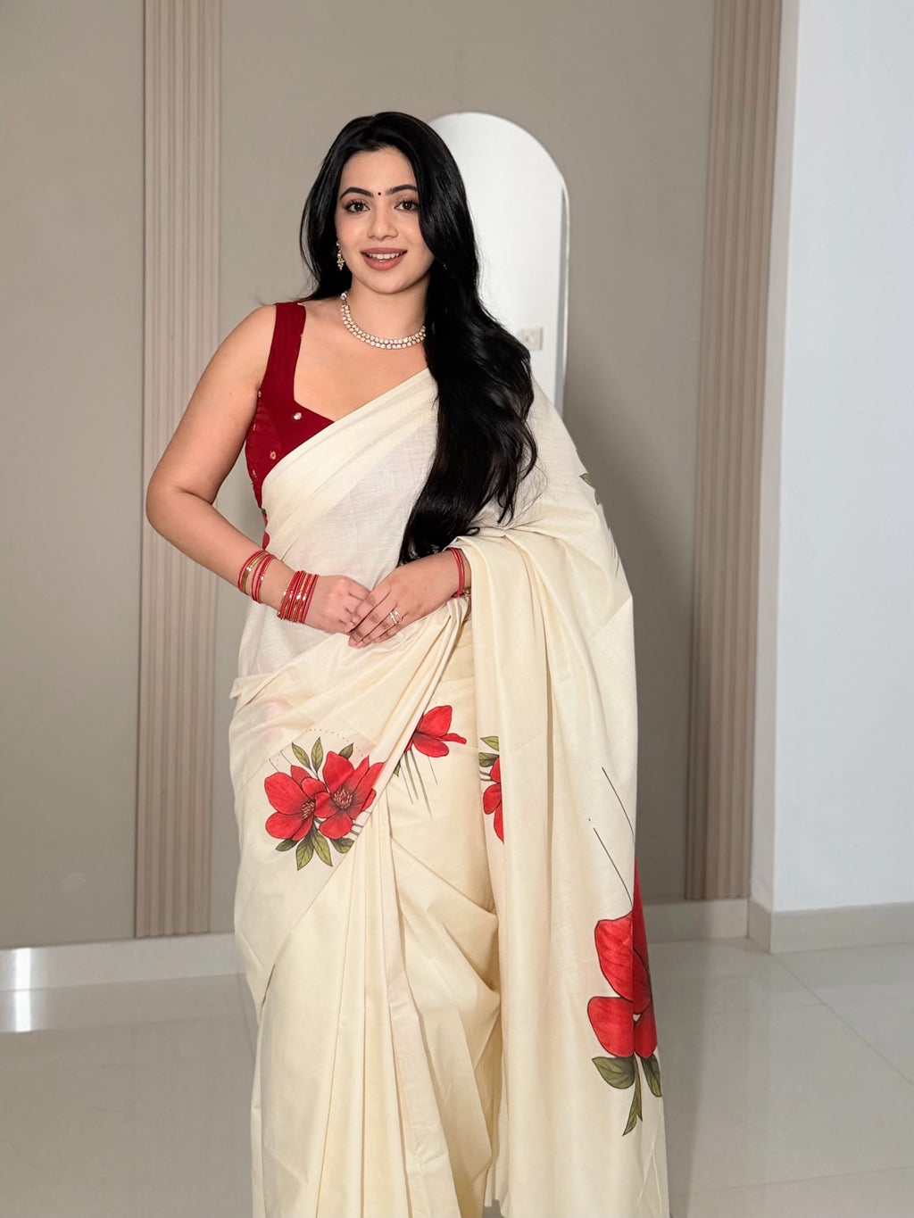 Red Blossom – Pure Cotton Digital Printed Saree